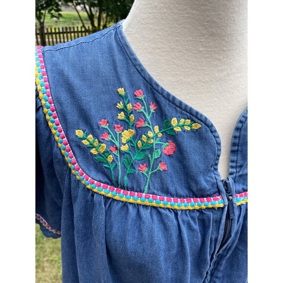 Blue Denim Go Softly Embroidered Humming Bird Cottagecore Zip-Front Dress L - Picture 3 of 9